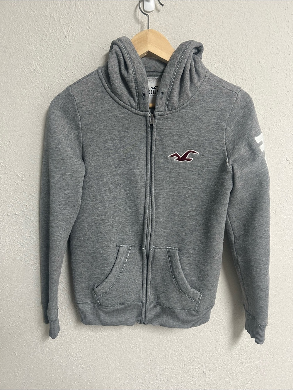 Hollister Heather Gray Full Zip Graphic Sleeve Fleece Hoodie Small S